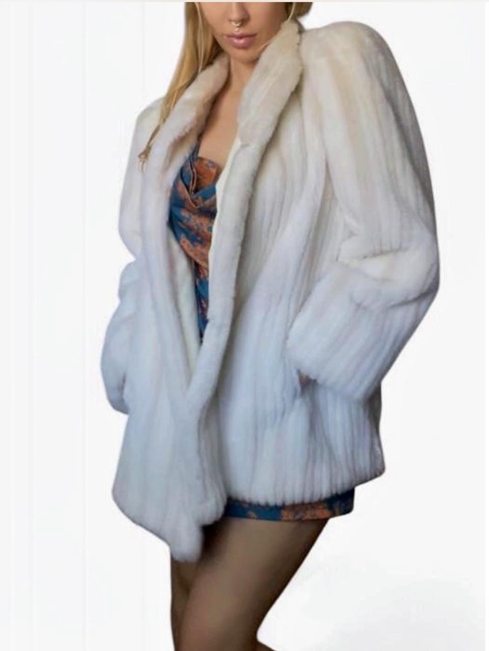 Vtg Intrigue De Ball Cream Faux Fur Coat Ribbed Union Made ILGWU Heavy Jacket